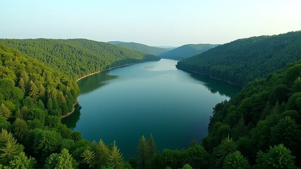 Panorāma skats uz Rāznas ezeru no augšas, ar zaļiem mežiem apkārt