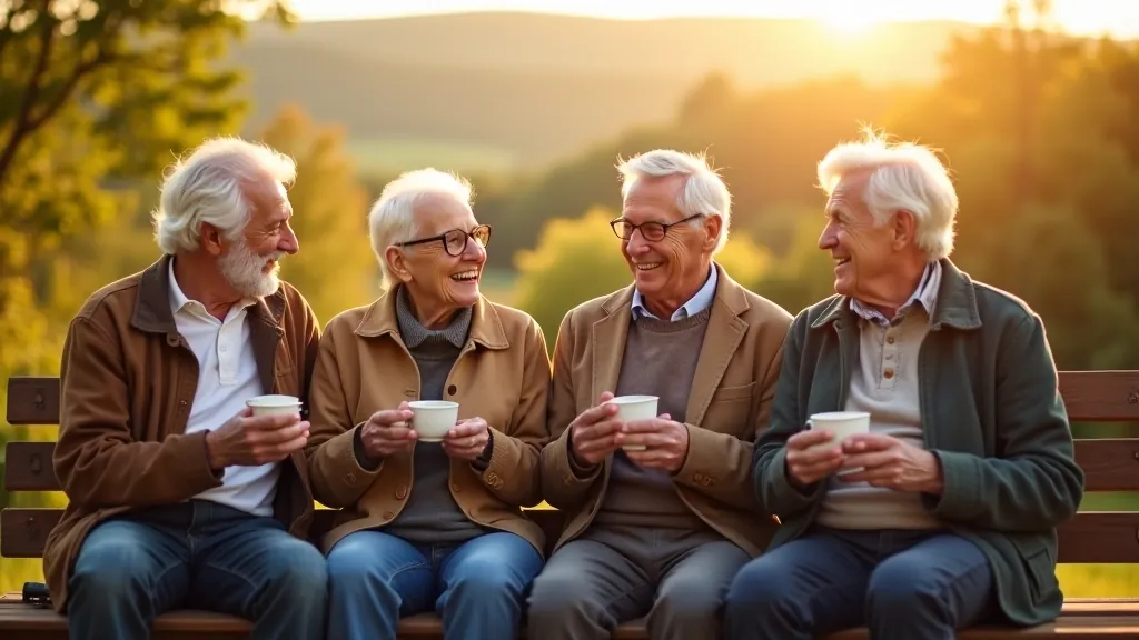 Senioru grupa sēž uz skatu platformas, baudot kafiju un sarunājas