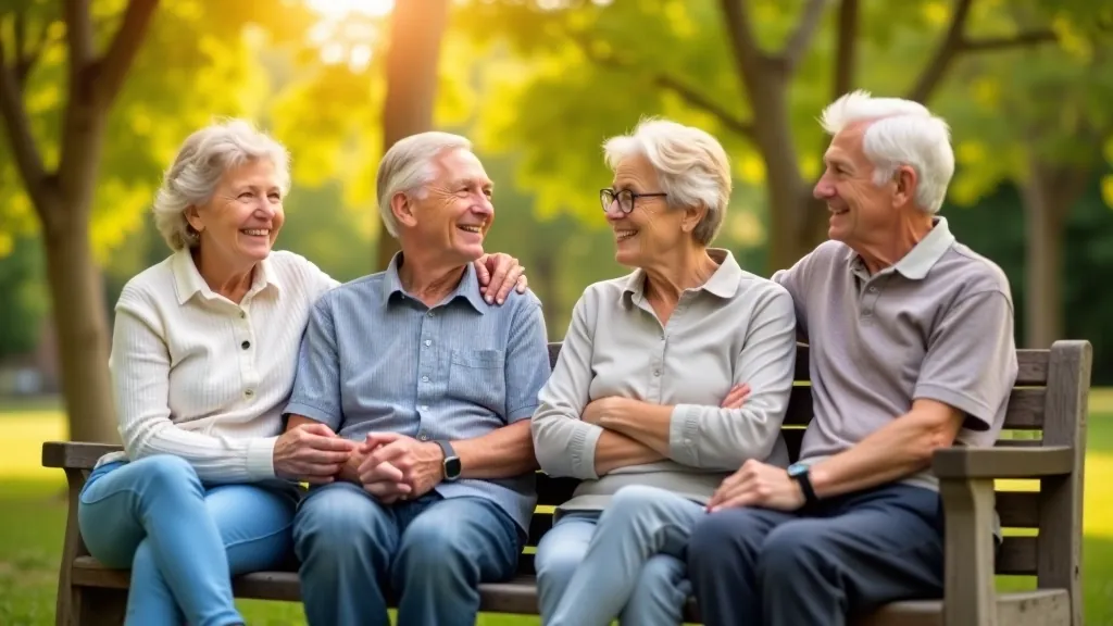Draudzīga senioru grupa sēž kopā uz skatu platformas